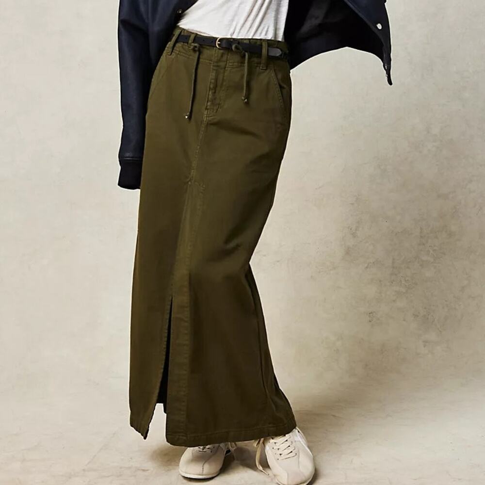 Free People Chino Utility Military Green Long Skirt